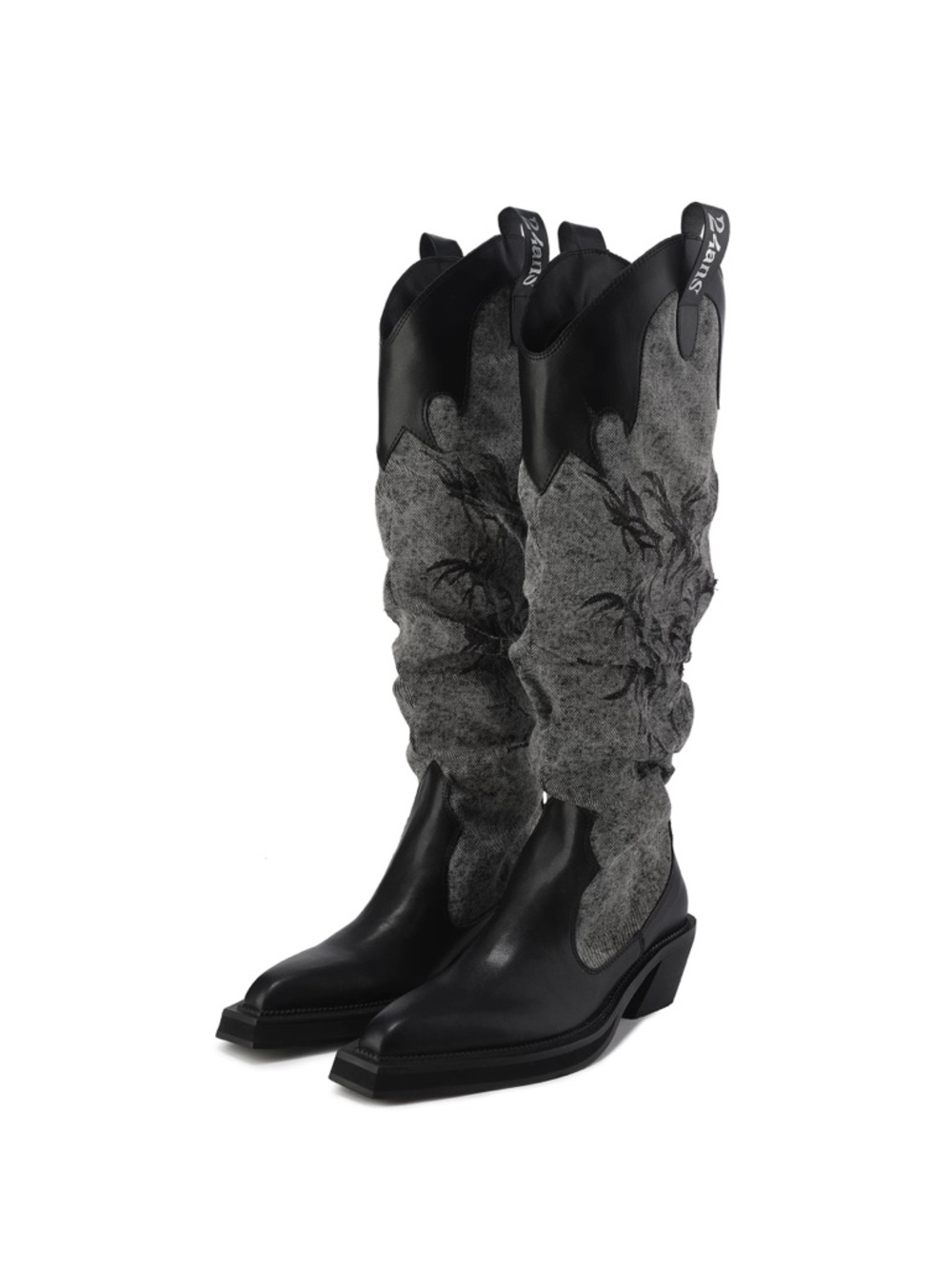 24ans Leather Patchwork Denim Cowboy Slouch Knee Boots